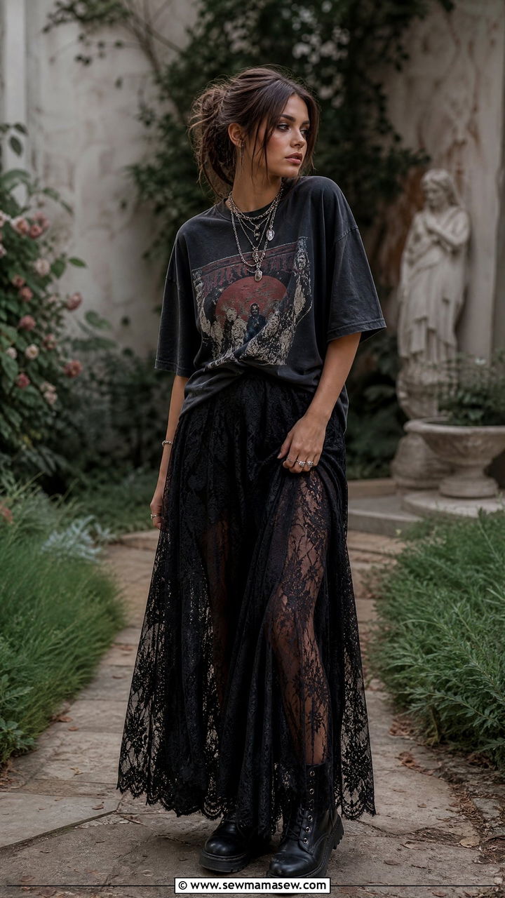 Maxi skirt with graphic tee grunge - 25 grunge outfits 2026