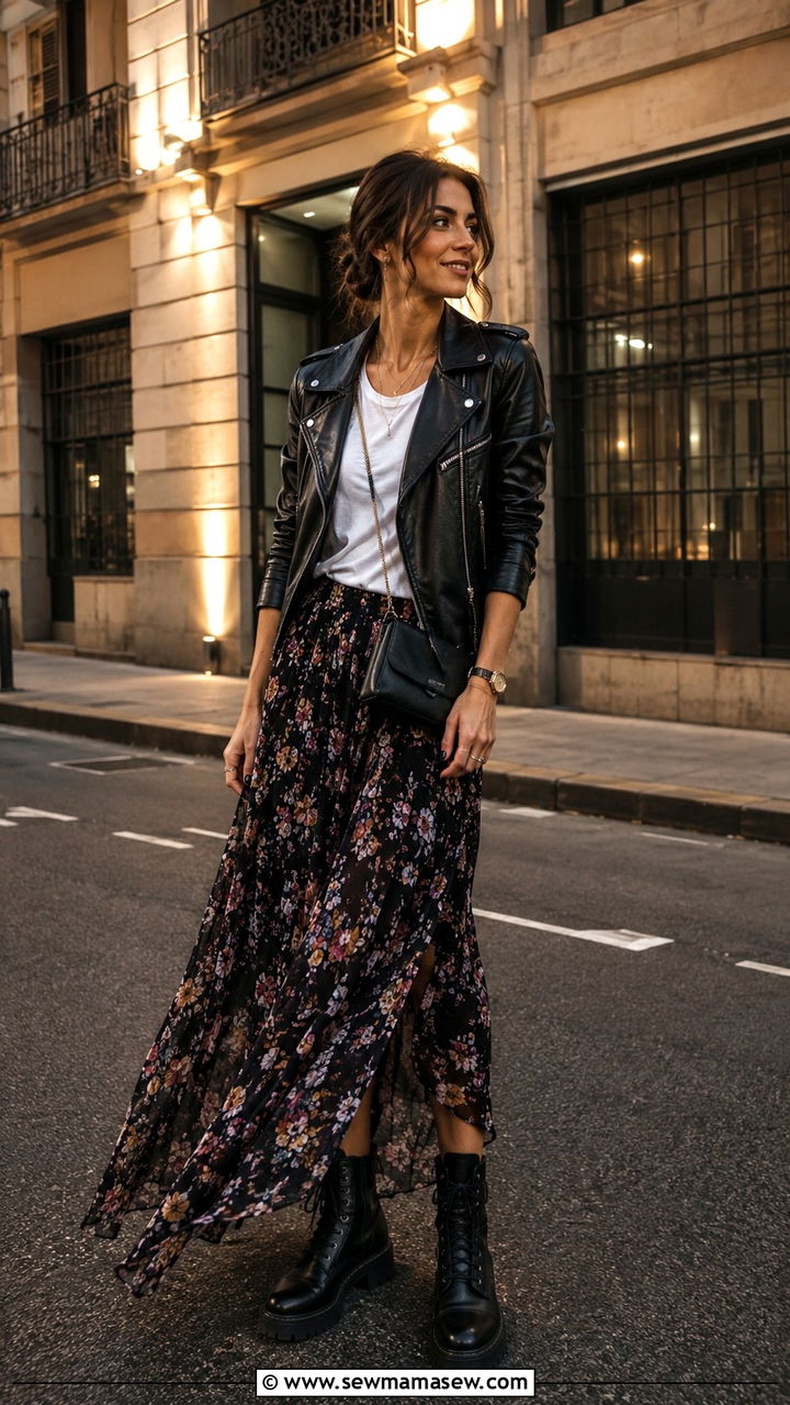 Maxi skirt with leather jacket and combat boots - 30 How to style a maxi skirt