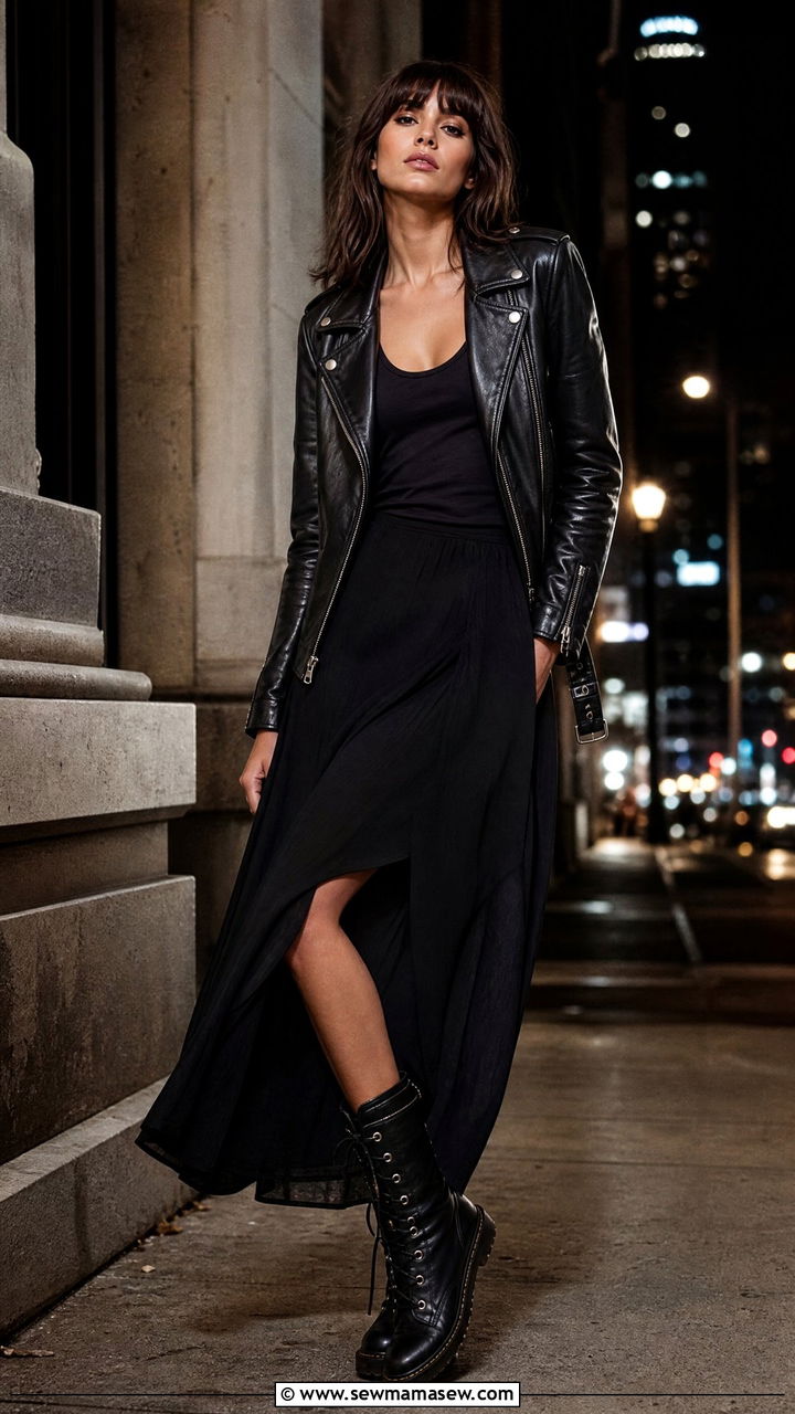 Maxi skirt with leather jacket and combat boots - 35 how to style maxi skirt