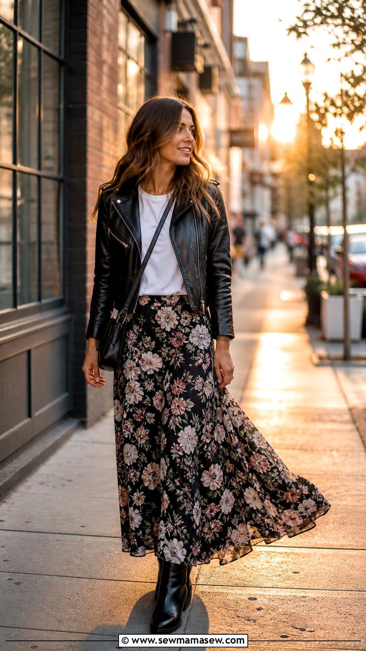 Maxi skirt with leather jacket outfit - 40 maxi skirt outfit ideas