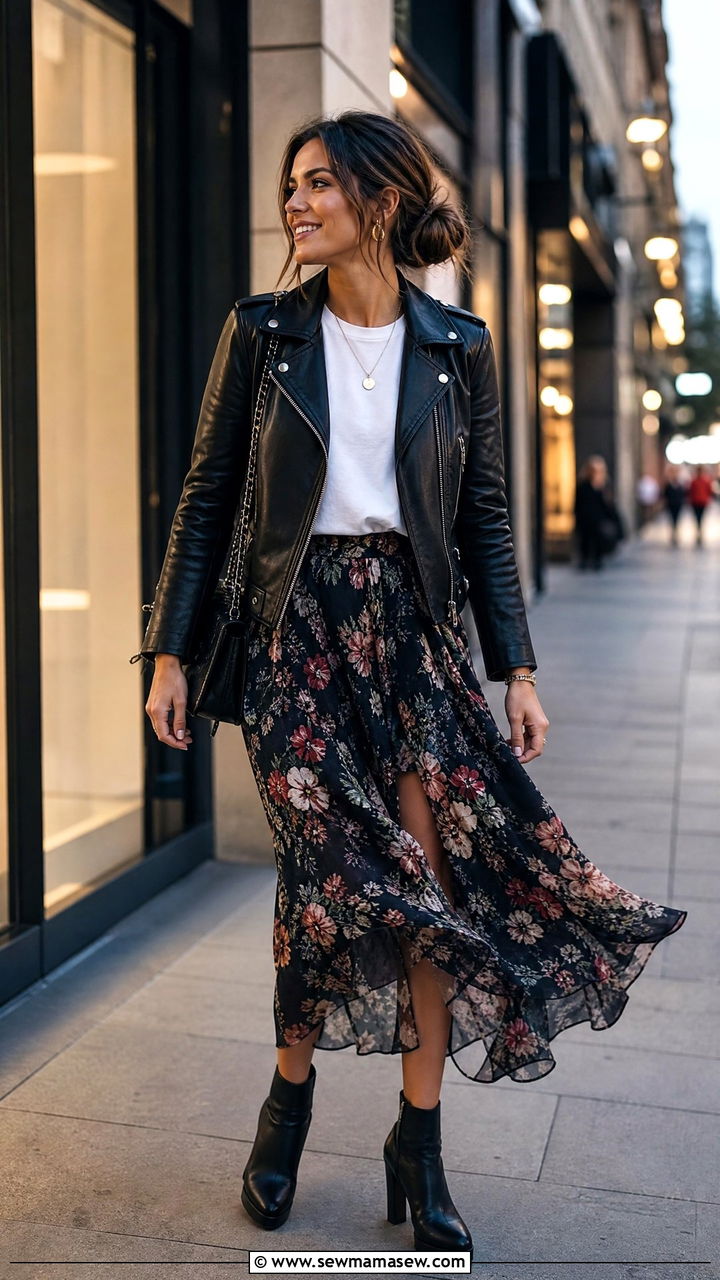 Maxi skirt with leather jacket - 25 chic maxi skirt outfit ideas