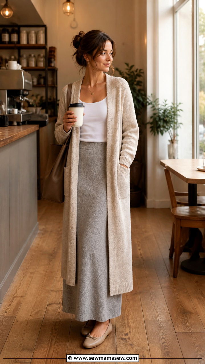 Maxi skirt with long cardigan outfit - 40 maxi skirt outfit ideas