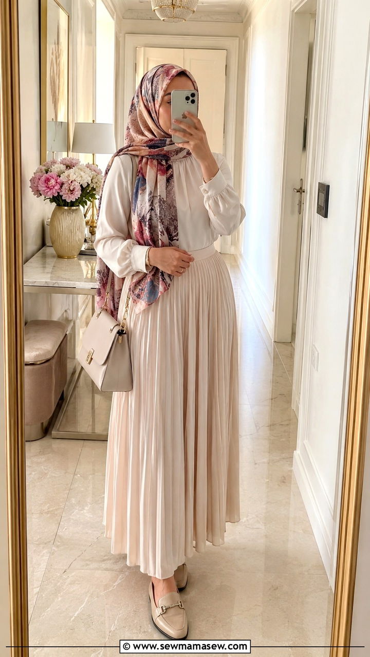 Maxi skirt with long sleeve blouse and colorful hijab - 20 Modest outfit ideas for mosque visit
