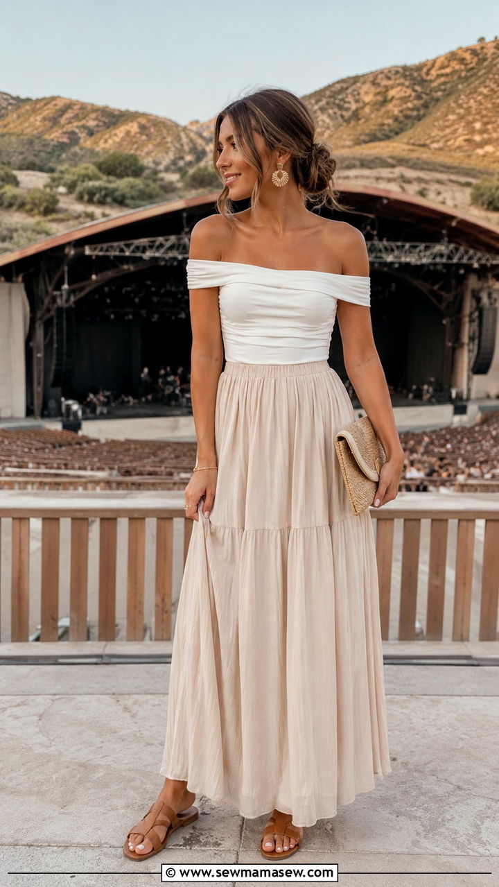 Maxi skirt with off shoulder top and statement earrings - 30 modest summer concert outfit ideas