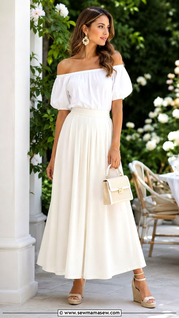 Maxi skirt with off shoulder top and wedges - 30 How to style a maxi skirt