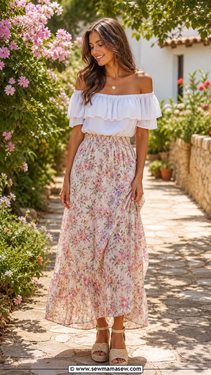 Maxi skirt with off shoulder top outfit - 40 maxi skirt outfit ideas
