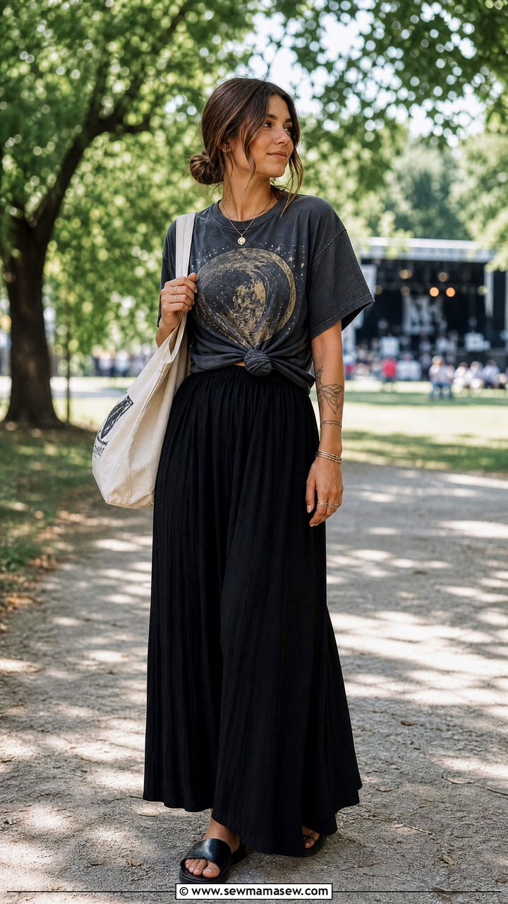 Maxi skirt with oversized band tee - 30 Summer outfits with maxi skirts