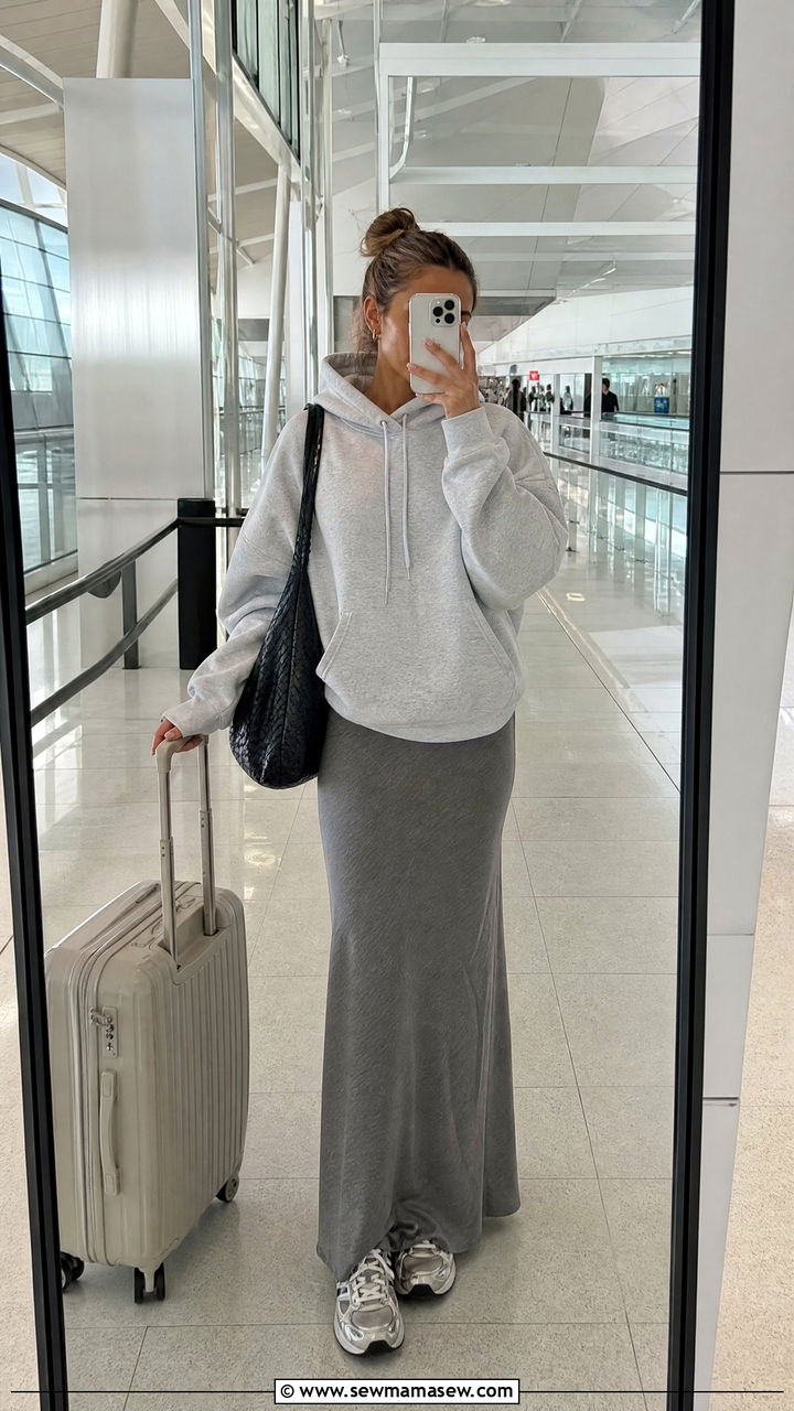 Maxi skirt with oversized hoodie and sneakers - 35 how to style maxi skirt