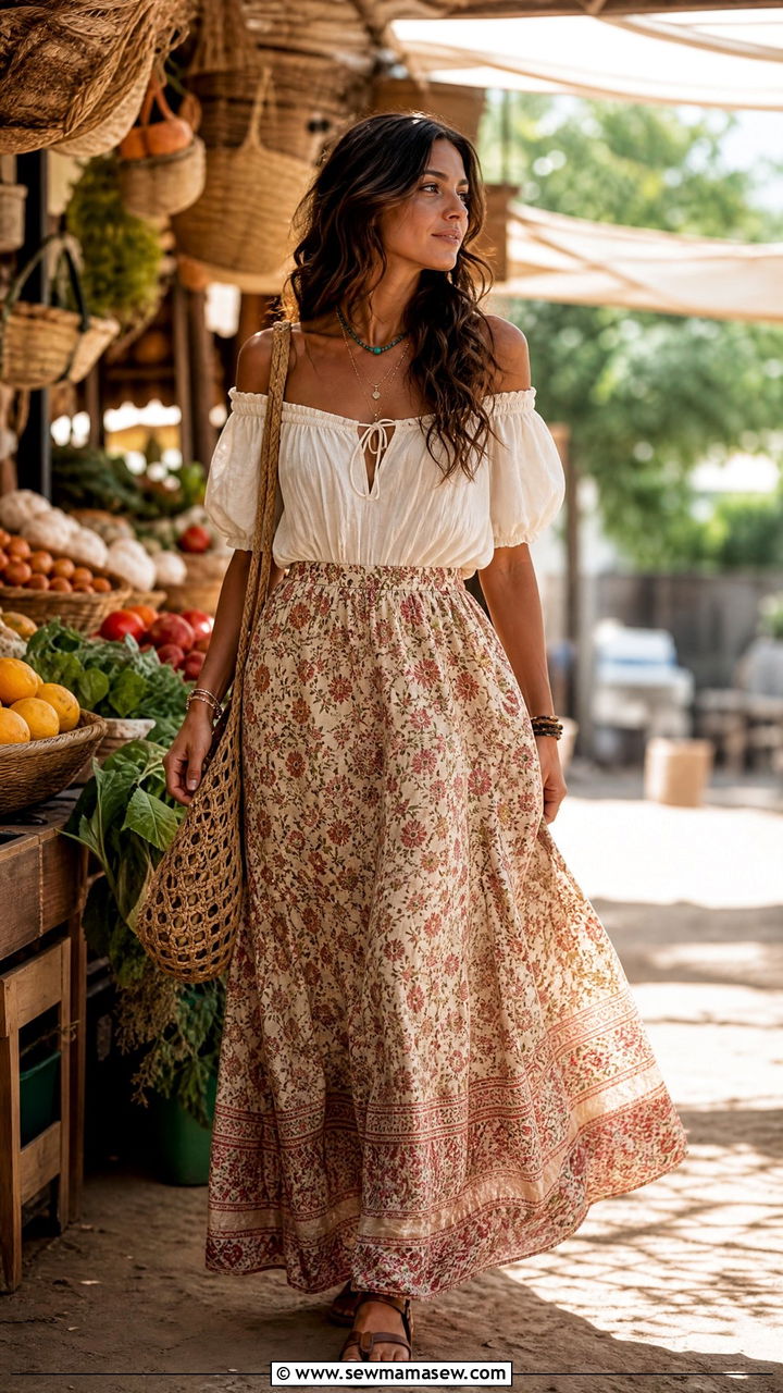 Maxi skirt with peasant top and leather flats - 35 how to style maxi skirt