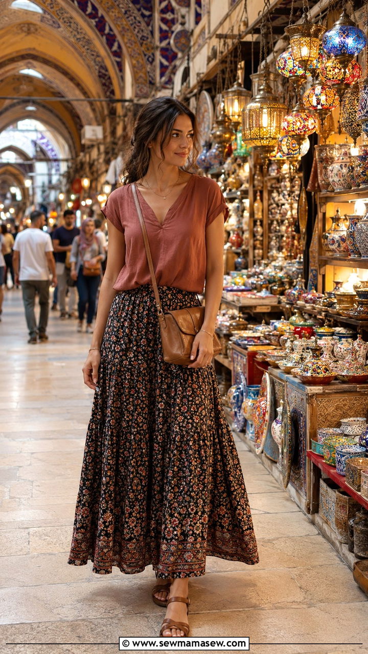 Maxi skirt with short sleeve blouse Istanbul Grand Bazaar outfit - 30 Istanbul outfit ideas