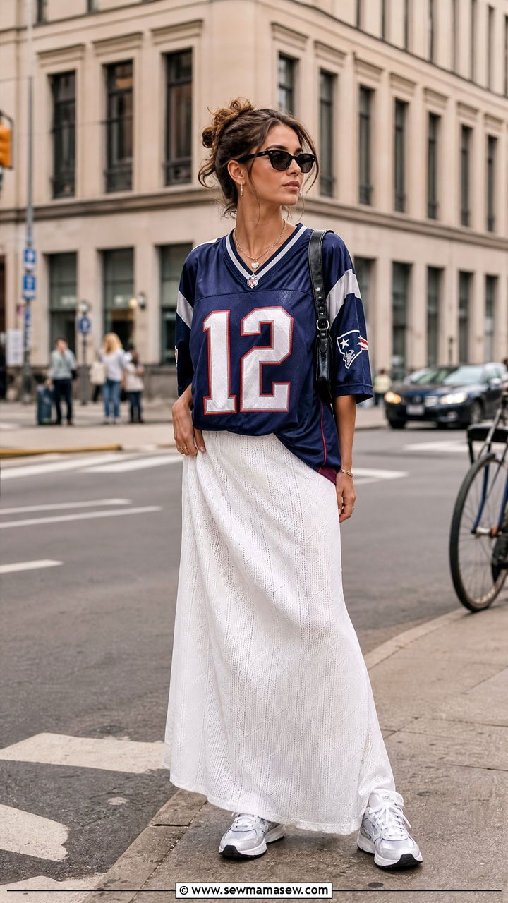 Maxi skirt with sports jersey and athletic sneakers - 35 how to style maxi skirt