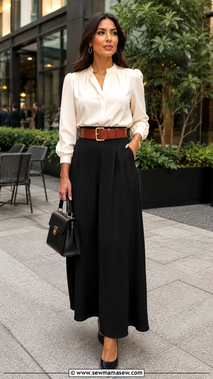 Maxi skirt with statement belt and tailored blouse - 30 How to style a maxi skirt