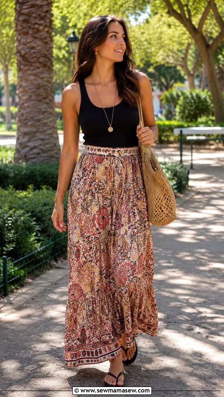 Maxi skirt with tank top and flip flops - 30 How to style a maxi skirt