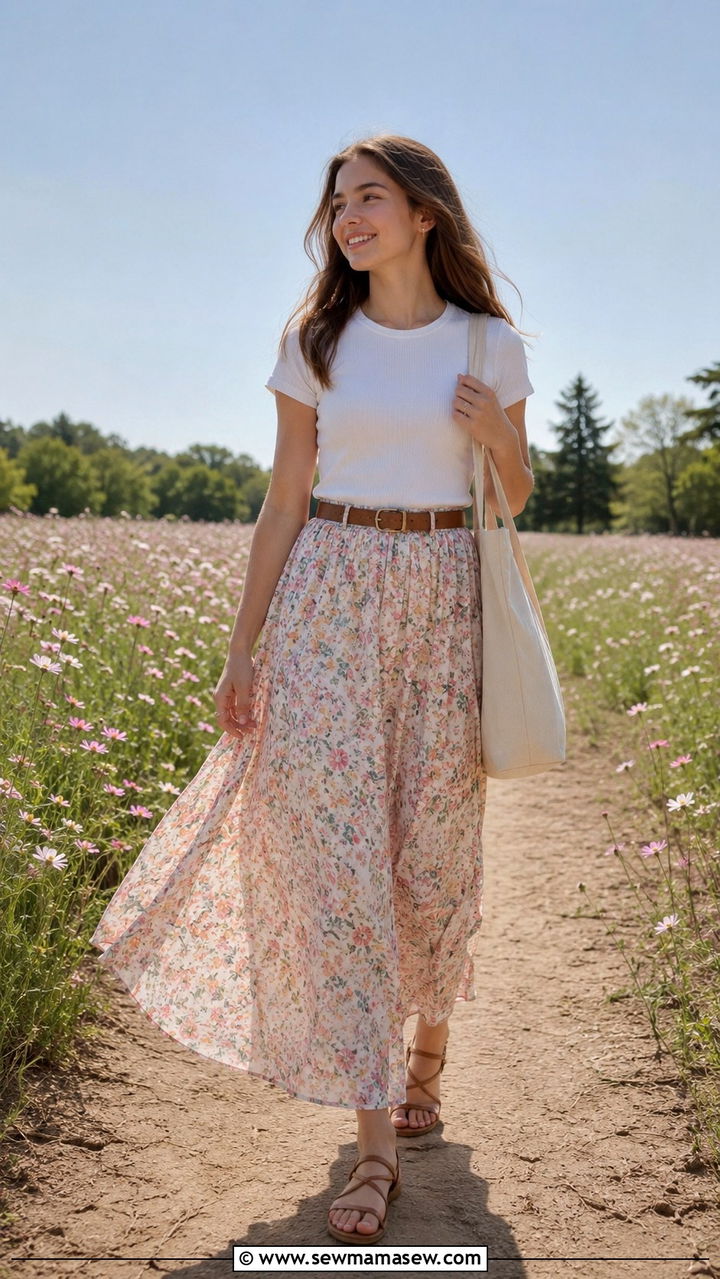 Maxi skirt with tucked in tee - 30 Spring outfits for high school