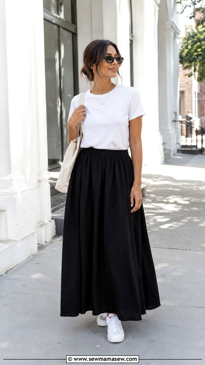 Maxi skirt with white t shirt and sneakers - 30 How to style a maxi skirt
