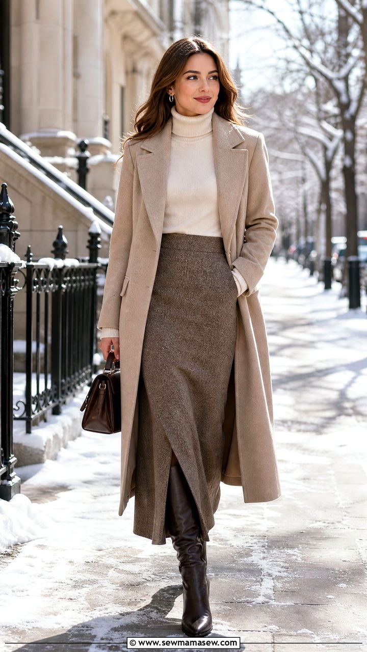Maxi skirt with wool coat and tall boots - 35 how to style maxi skirt