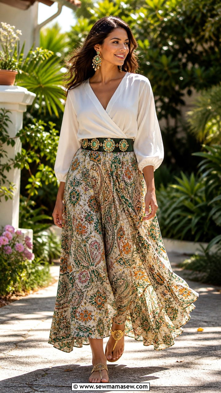 Maxi skirt with wrap blouse and statement belt - 20 50th birthday outfit ideas