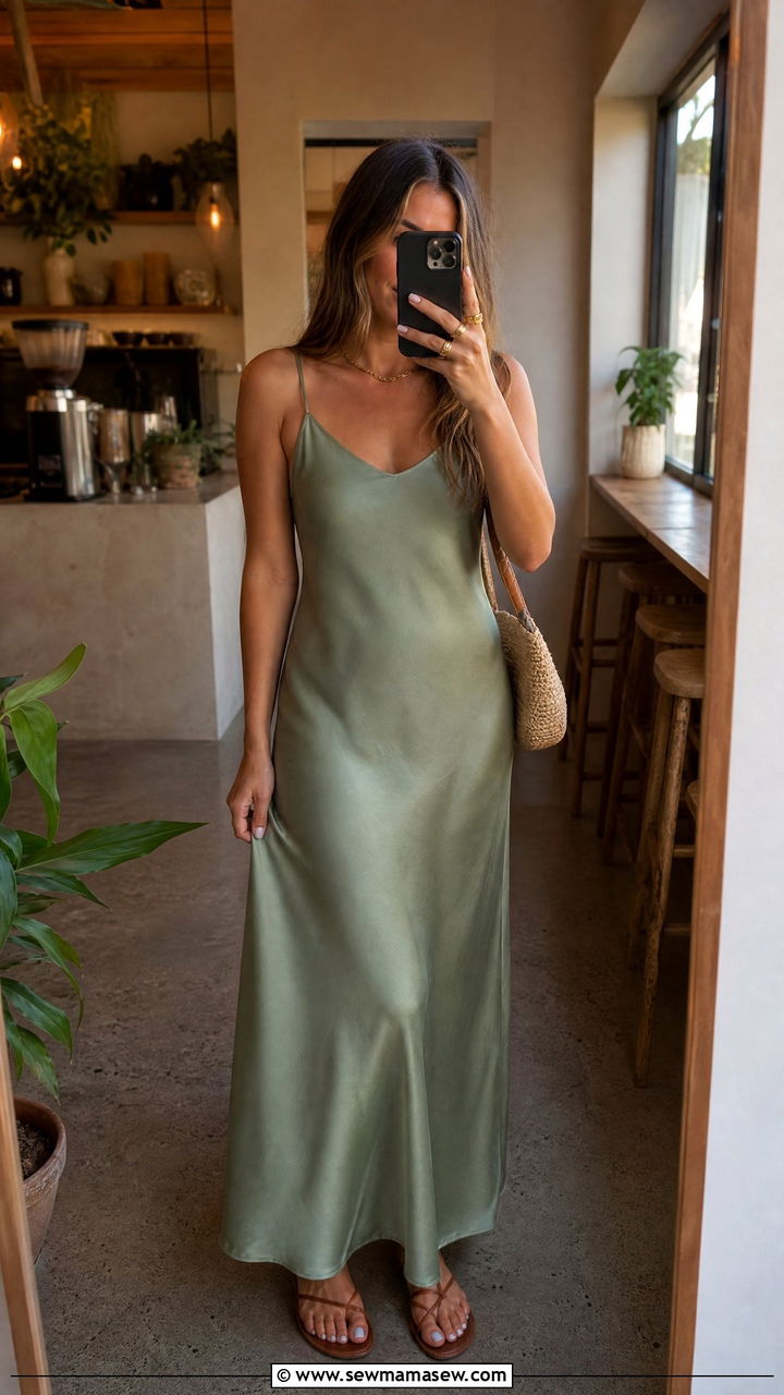 Maxi slip dress with flat strappy sandals - 30 summer weekend outfit ideas