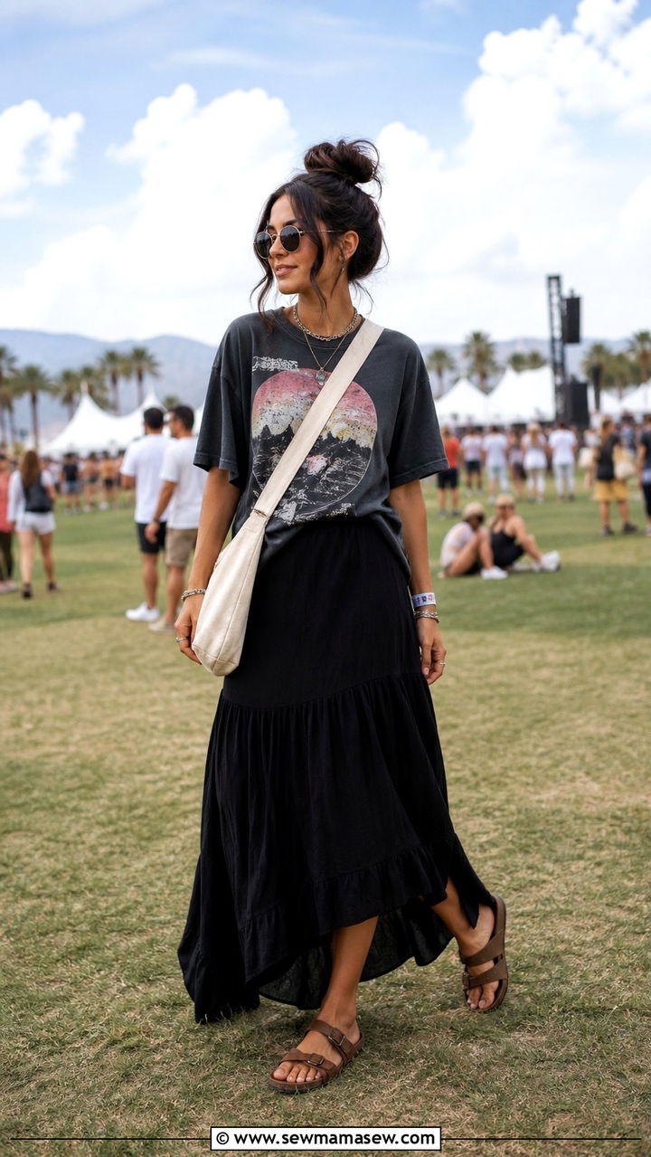 Mayari sandals with maxi skirt and oversized graphic tee - 40 Birkenstocks outfit ideas