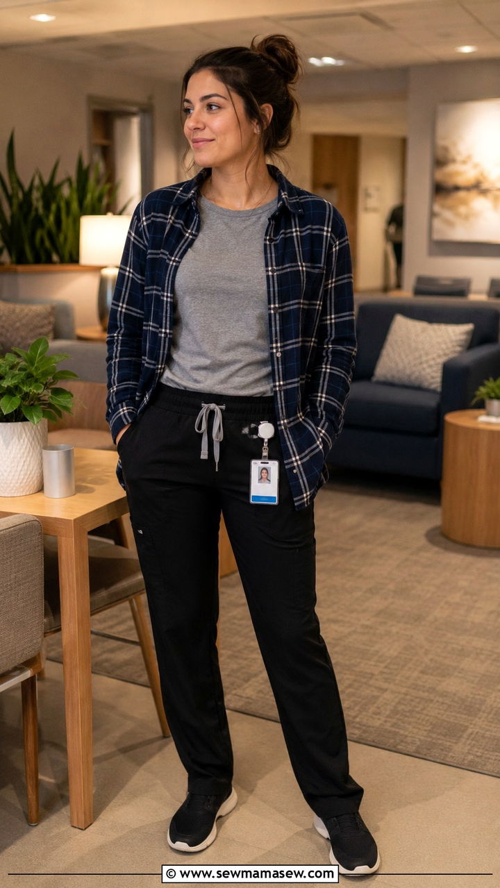 Medical Resident Layered Outfit With Plaid Shirt Over Tee and Scrub Pants - 30 Medical resident outfit ideas