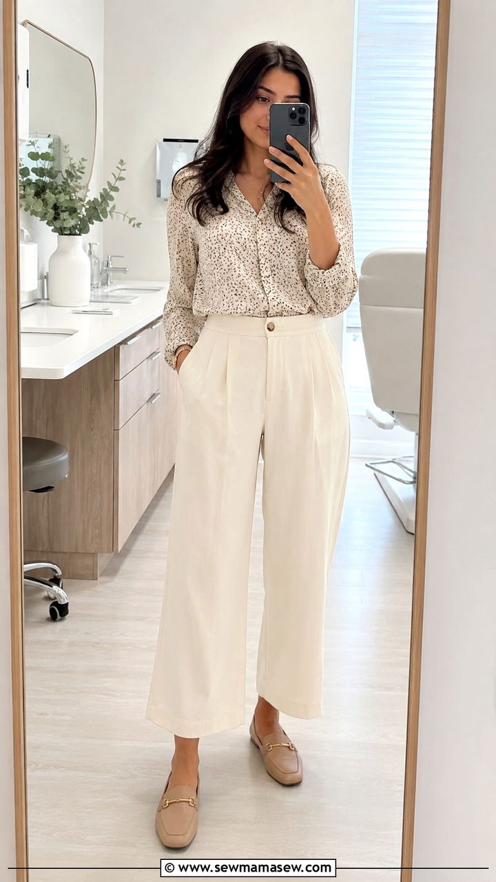 Medical Resident Outfit With Patterned Top and Wide Leg Trousers - 30 Medical resident outfit ideas