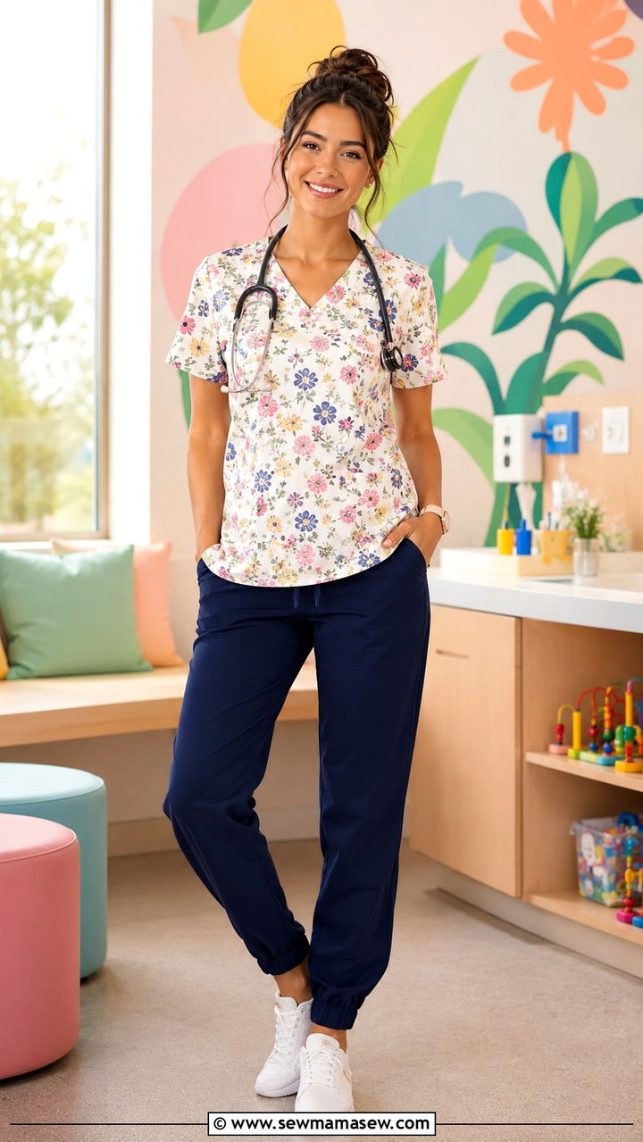 Medical Resident Outfit With Printed Scrub Top and Solid Pants - 30 Medical resident outfit ideas