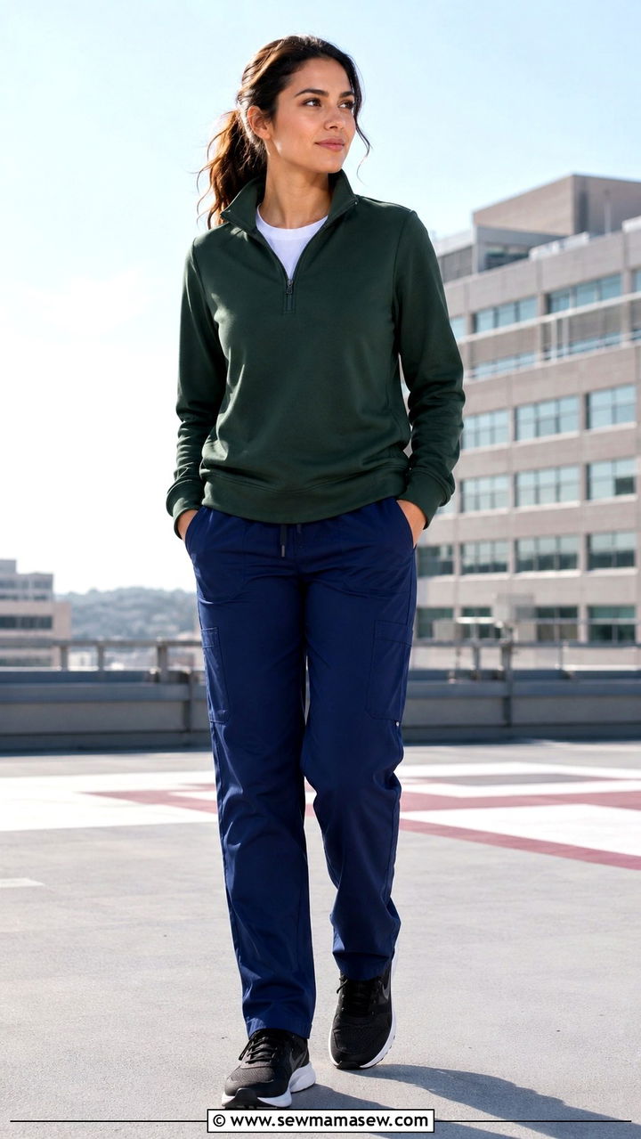 Medical Resident Outfit With Quarter Zip Pullover and Scrub Pants - 30 Medical resident outfit ideas