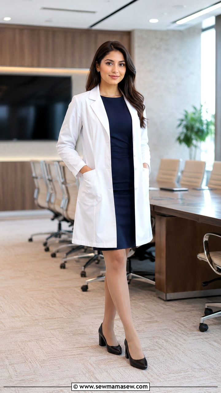Medical Resident Professional Outfit With White Coat Over Dress and Heels - 30 Medical resident outfit ideas
