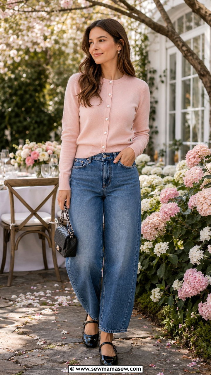 Medium Wash Barrel Jeans With Pearl Button Cardigan And Mary Jane Flats - 25 Barrel jeans outfit ideas with a cardigan