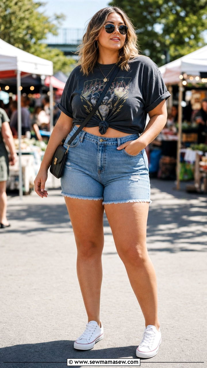 Medium Wash Denim Shorts with Knotted Graphic Tee - 25 Denim shorts outfit ideas plus size
