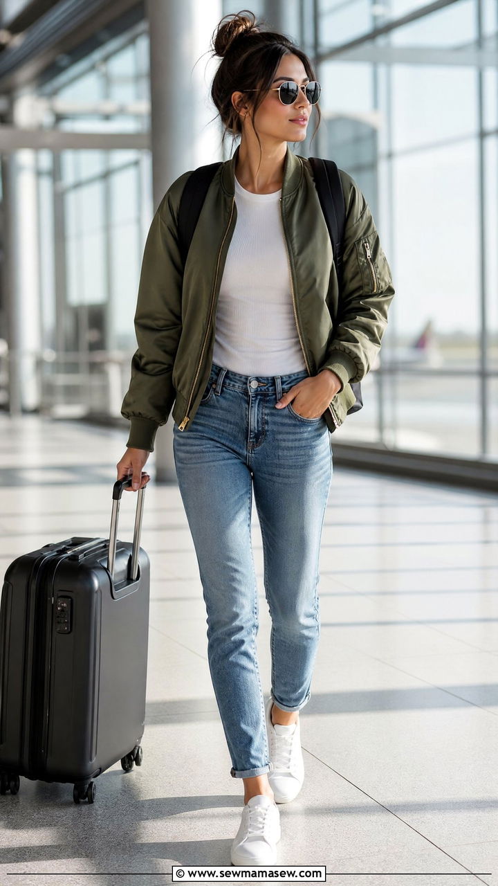 Medium wash jeans with bomber jacket - 30 Medium wash jeans outfit ideas