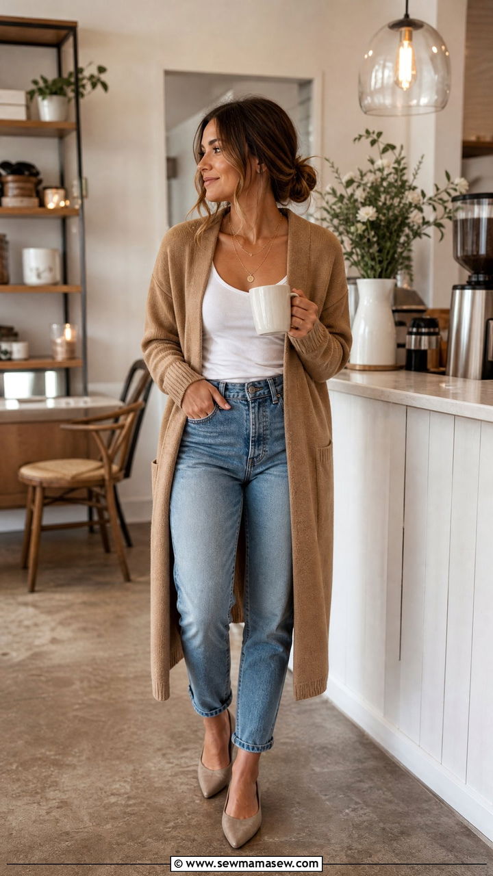 Medium wash jeans with cardigan and flats - 30 Medium wash jeans outfit ideas