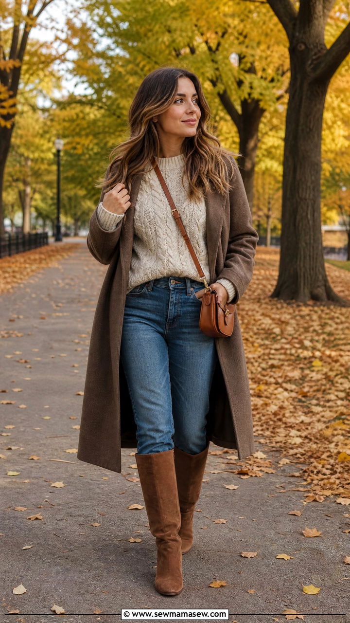 Medium wash jeans with chunky knit sweater - 30 Medium wash jeans outfit ideas