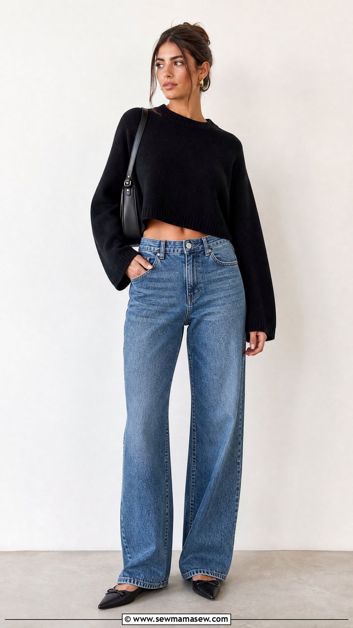 Medium wash jeans with cropped sweater - 30 Medium wash jeans outfit ideas