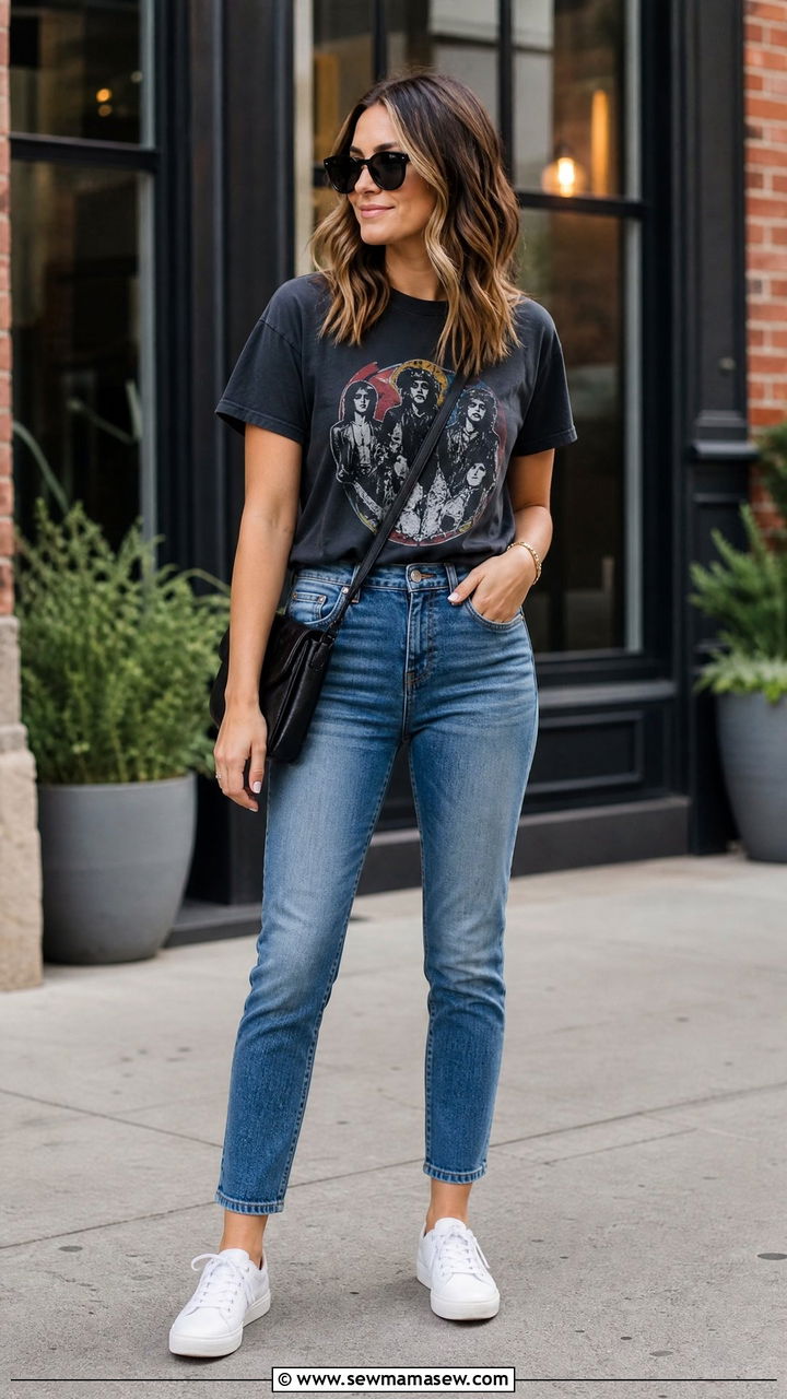 Medium wash jeans with graphic tee and white sneakers - 30 Medium wash jeans outfit ideas