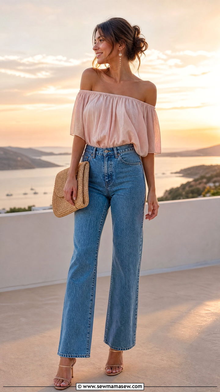 Medium wash jeans with off shoulder top - 30 Medium wash jeans outfit ideas