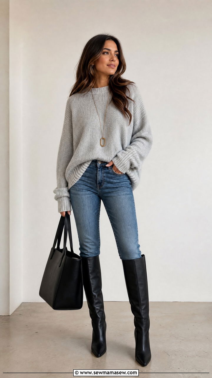 Medium wash jeans with oversized sweater - 30 Medium wash jeans outfit ideas