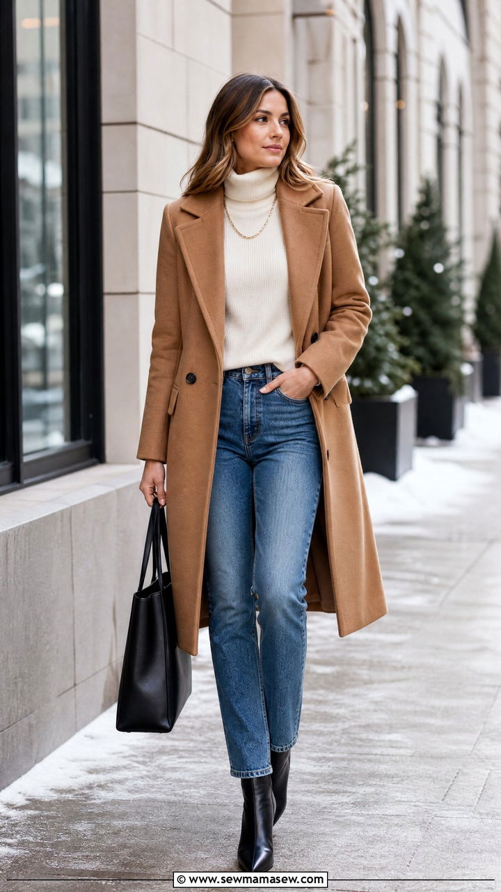 Medium wash jeans with structured coat - 30 Medium wash jeans outfit ideas