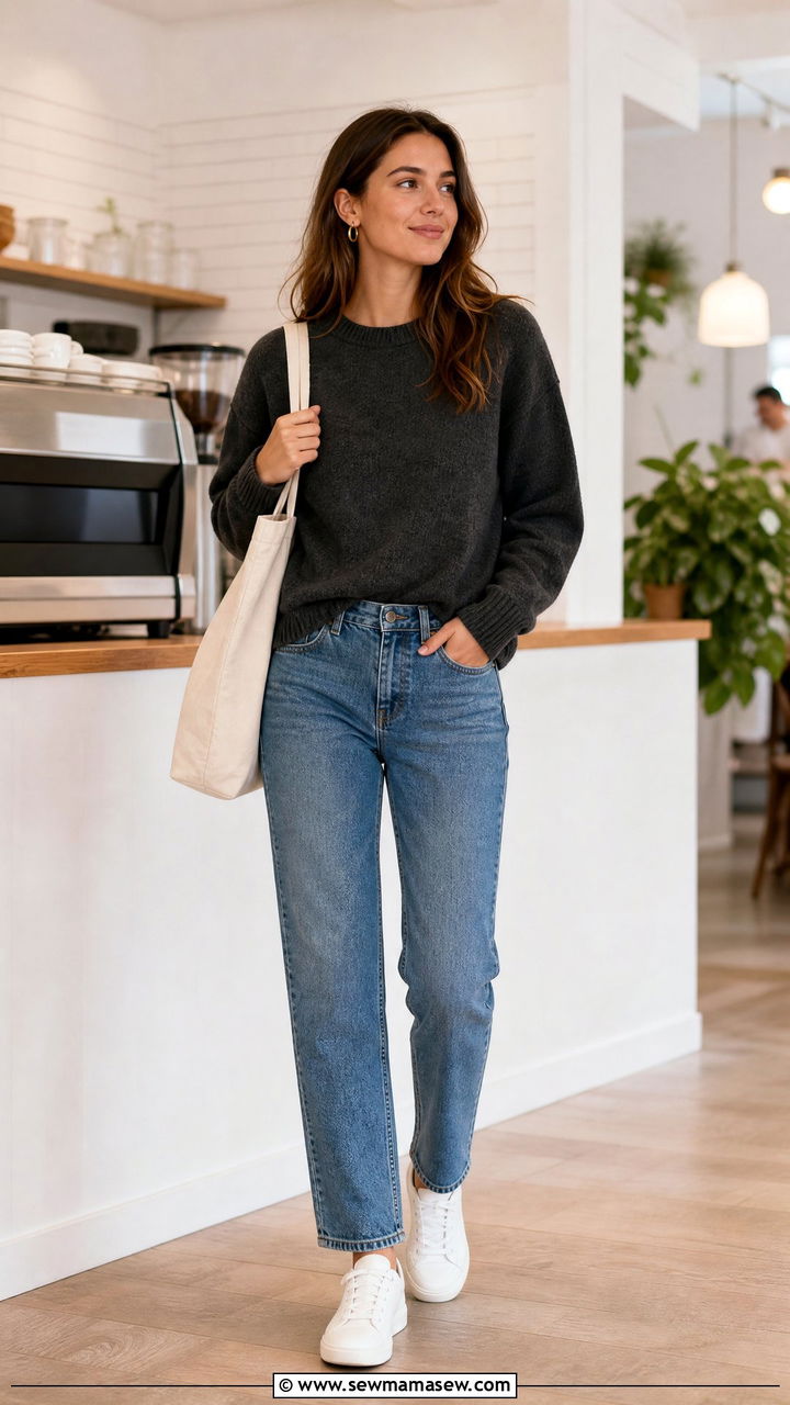 Medium wash jeans with white sneakers and crewneck sweater - 30 Medium wash jeans outfit ideas