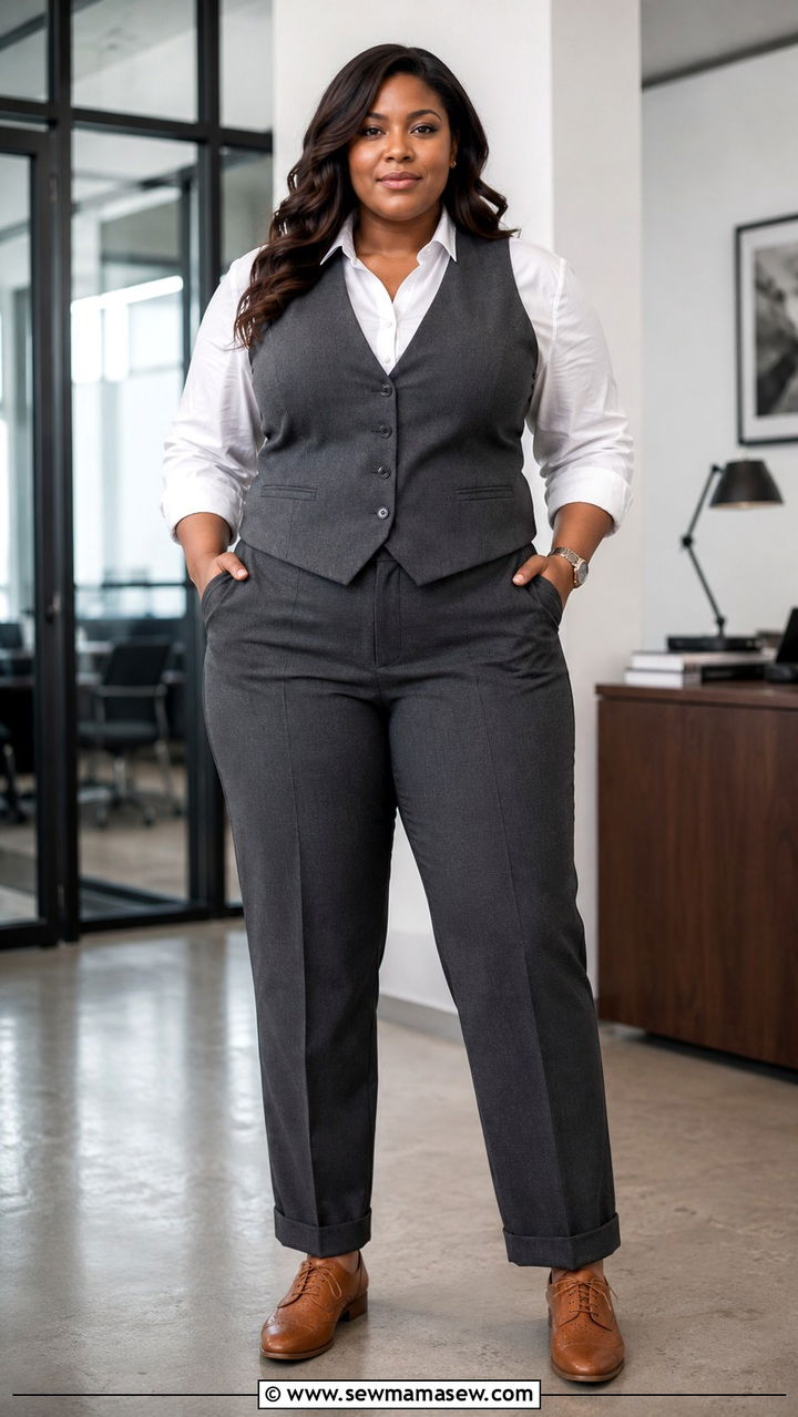 Menswear Inspired Trousers with Oxford Shirt - 30 Office outfit ideas plus size