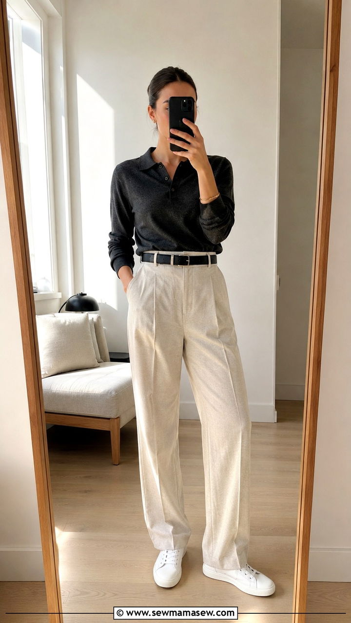Merino Knit Polo with High Waisted Trousers Outfit - 25 Professional outfits for women 2026