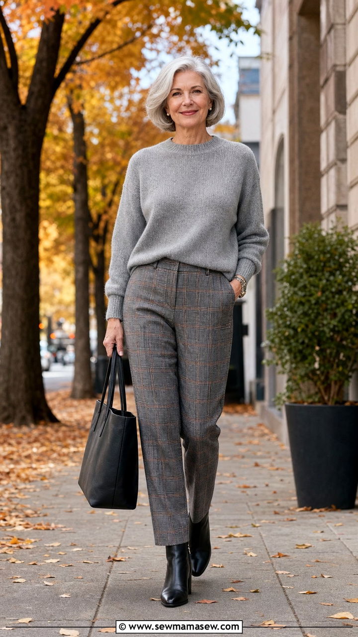 Merino Wool Sweater With Plaid Trousers and Ankle Boots - 35 Business casual outfits for women over 60