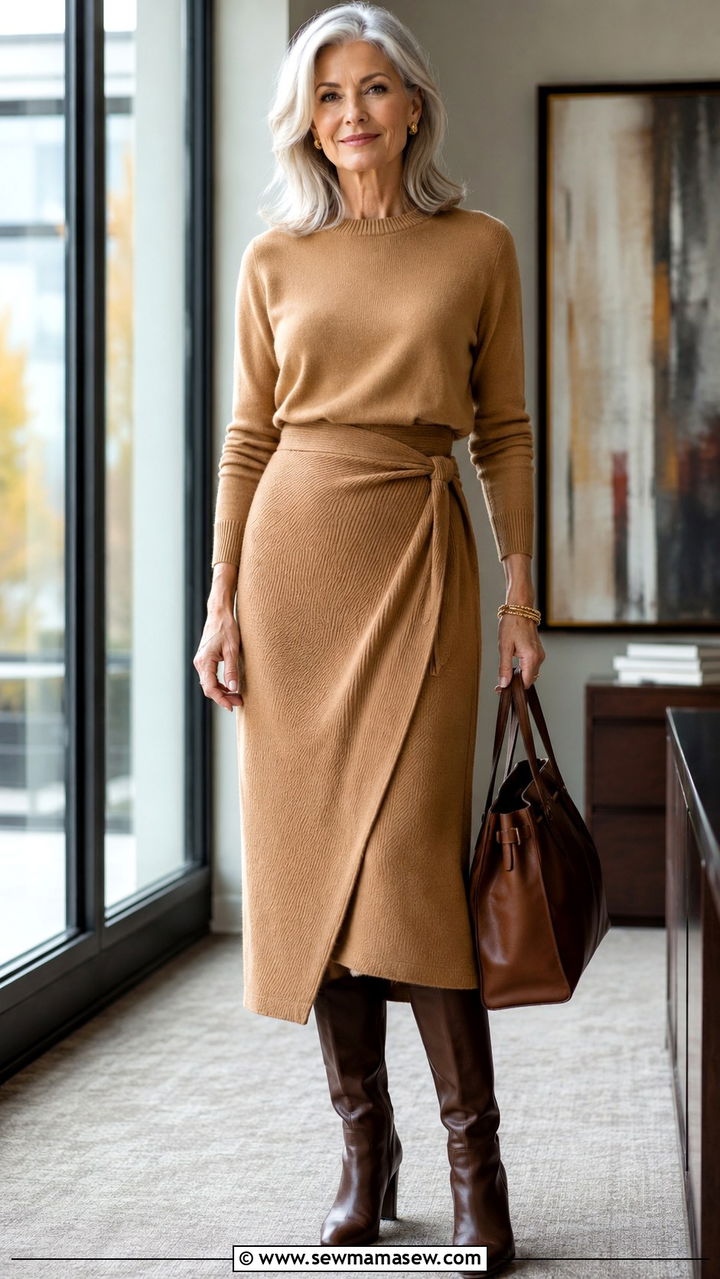 Merino Wool Sweater with a Midi Wrap Skirt - 25 Work outfits for women over 60