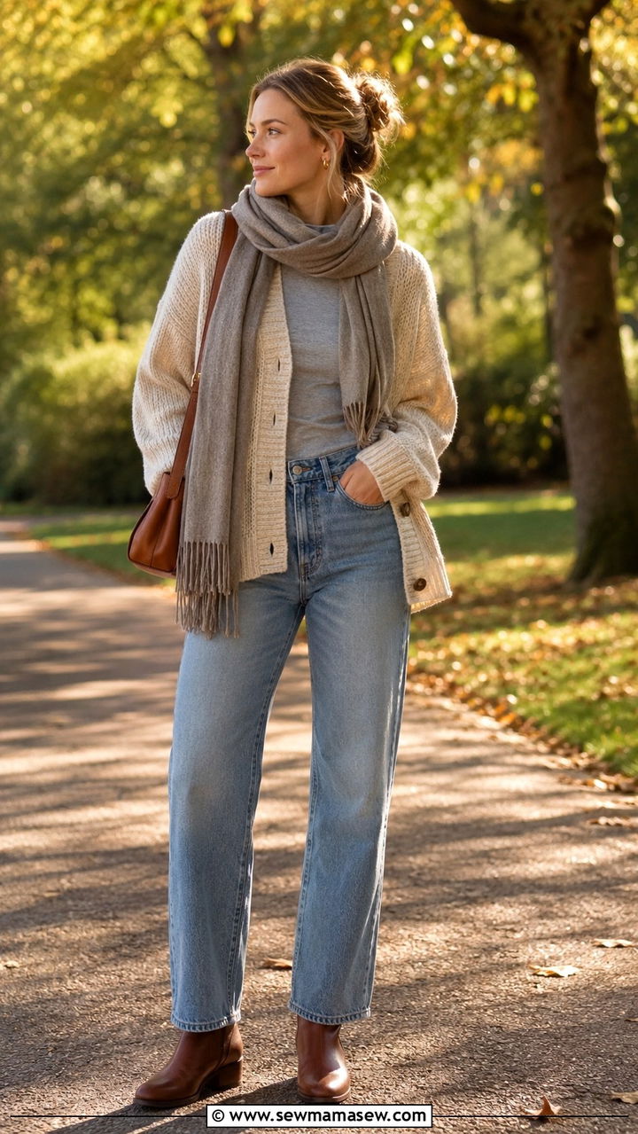 Merino base layer with chunky cardigan and relaxed jeans - 25 Scandinavian cozy outfit ideas