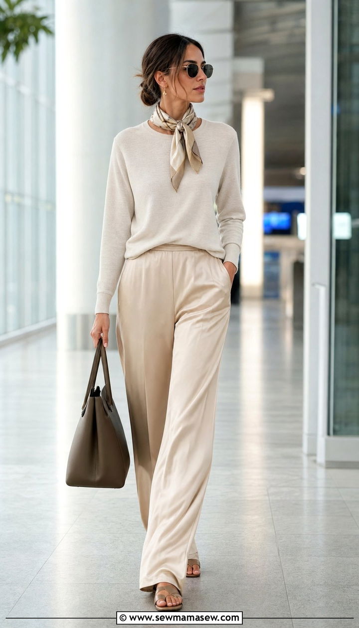 Merino crewneck with silk palazzo pants - 35 Airport outfit ideas quiet luxury