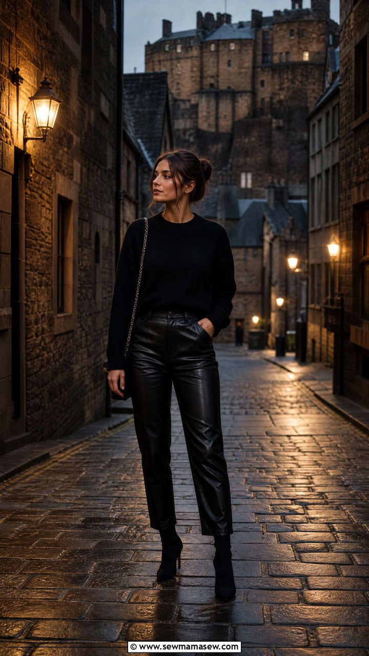 Merino sweater and leather trousers night - 30 Edinburgh outfit ideas