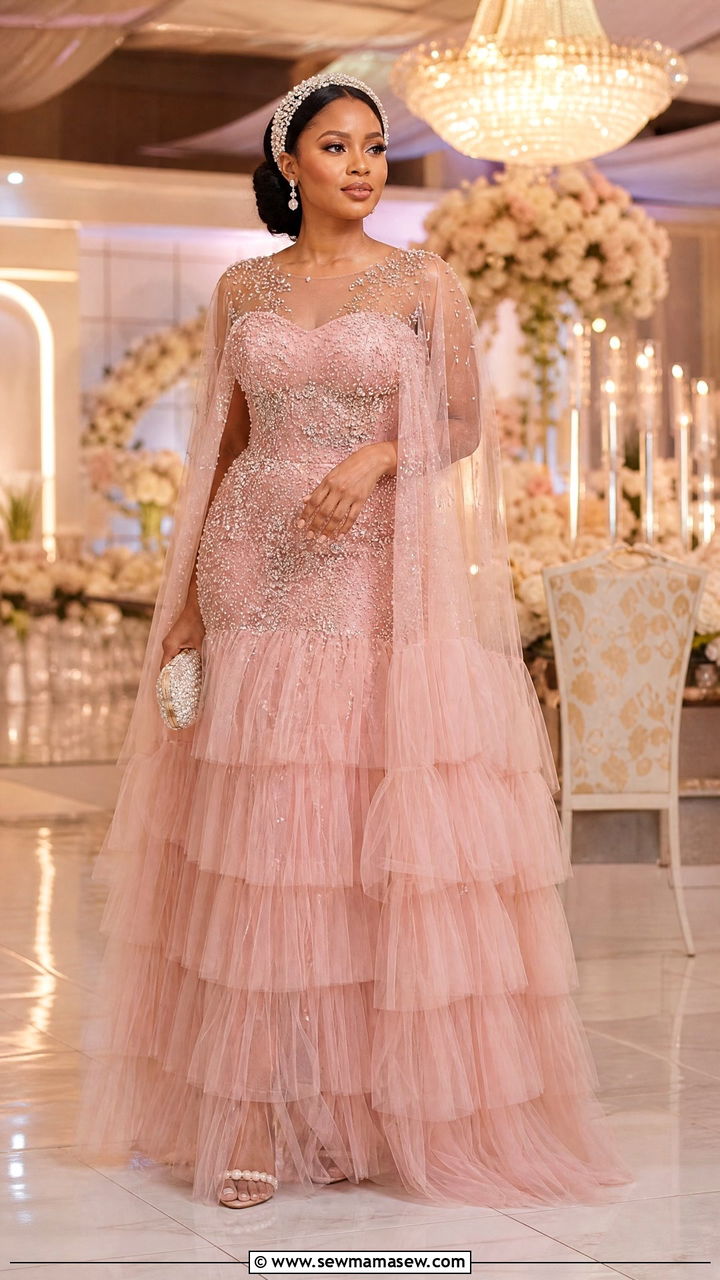 Mesh And Tulle Layered Gown With Crystal Embellishment - 25 Wedding guest outfit ideas Nigerian wedding