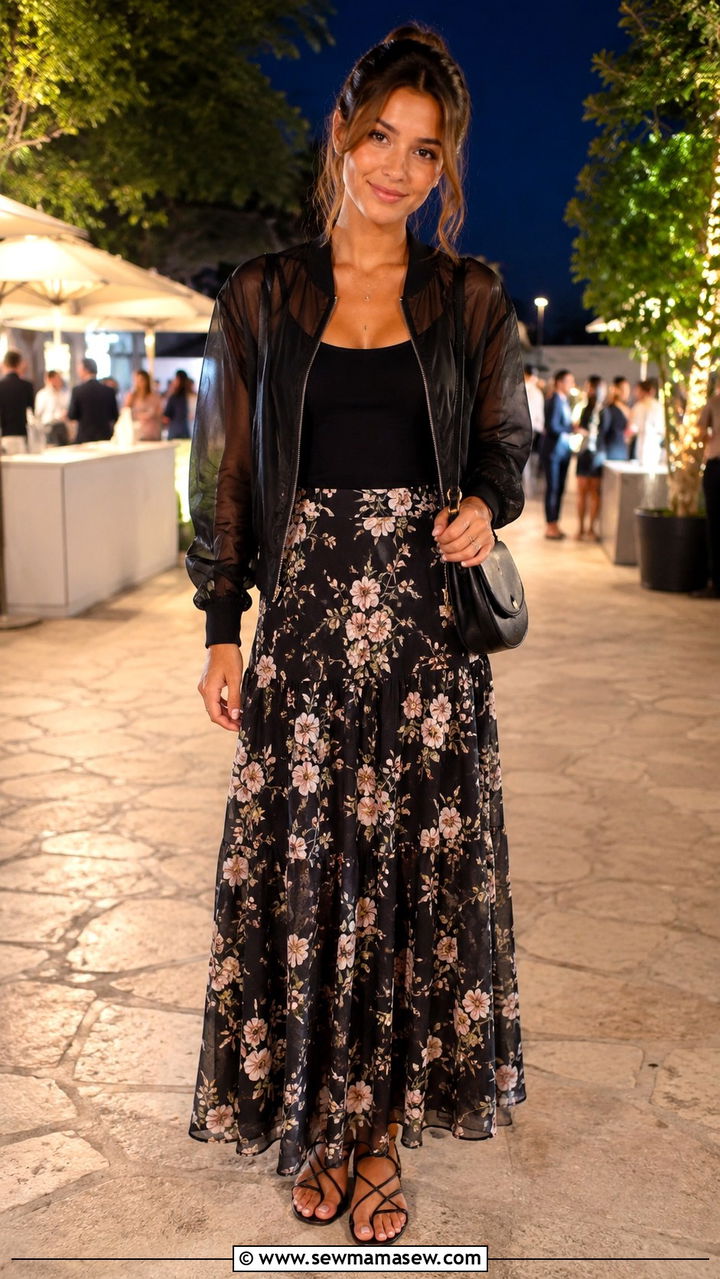 Mesh Bomber Jacket With Tank Top And Maxi Skirt - 30 spring bomber jacket outfit ideas