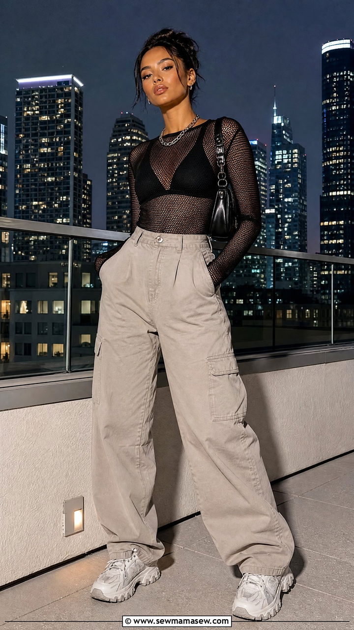 Mesh Layering Top with Cargo Pants - 30 streetwear outfit ideas for women