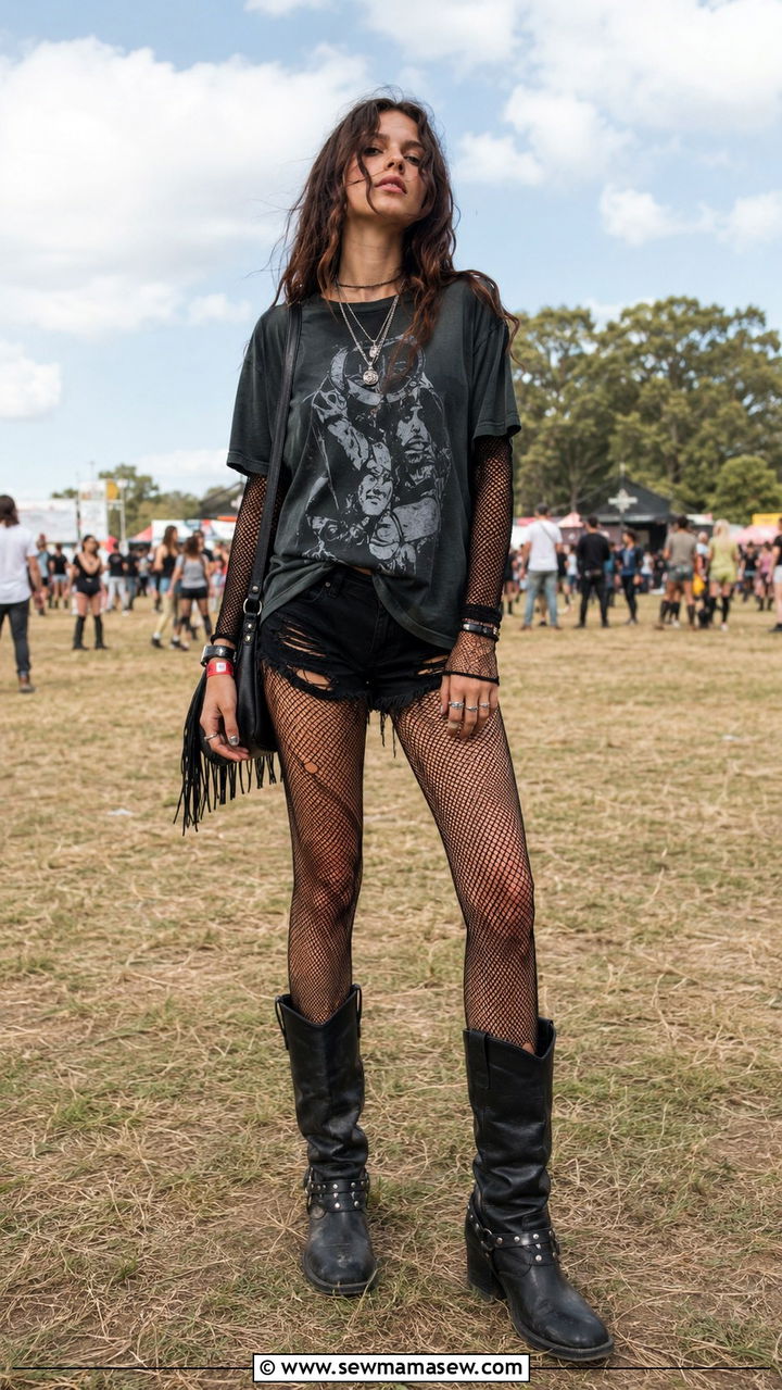 Mesh Long Sleeve Layered Under Band Tee - 20 Indie sleaze outfit ideas for women